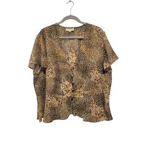 Vintage Studio 1 Women 18W Leopard Semi Sheer V Neck Blouse 90s Career Church